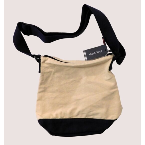 Nautica Canvas Bucket Shoulder Bag Beige Navy Blue Red Crossbody Purse Adj Strap - Picture 2 of 9